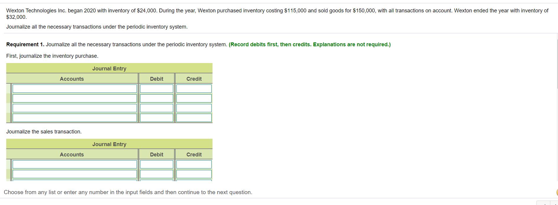 Wexton Technologies Inc. began 2020 with inventory of $24,000. During the year, Wexton purchased inventory costing $115,000 a