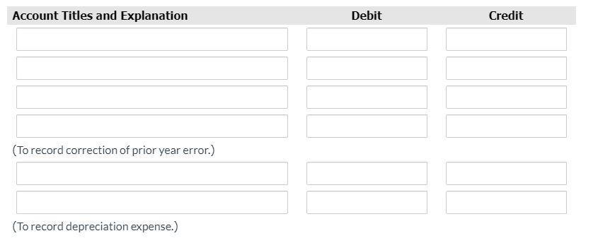 Account Titles and ExplanationDebitCredit(To record correction of prior year error.)(To record depreciation expense.)