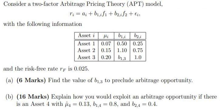 Consider a two-factor Arbitrage Pricing Theory (APT) model, ri= a + bifi
