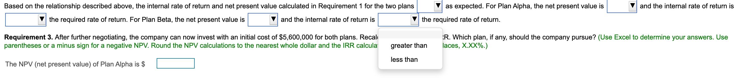 as expected. For Plan Alpha, the net present value is and the internal rate of return is Based on the relationship described