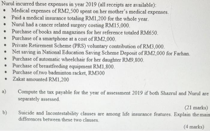 Nurul incurred these expenses in year 2019 (all receipts are available): - Medical expenses of RM2,500 spent on her mothers