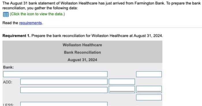 The August 31 bank statement of Wollaston Healthcare has just arrived from Farmington Bank. To prepare the bank reconciliatio
