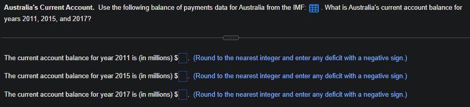 What is Australias current account balance for Australias Current Account. Use the following balance of payments data for A
