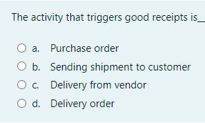 The activity that triggers good receipts is___ra. Purchase orderrO b.rO c.rO d. Delivery orderrSending shipment to customerrD