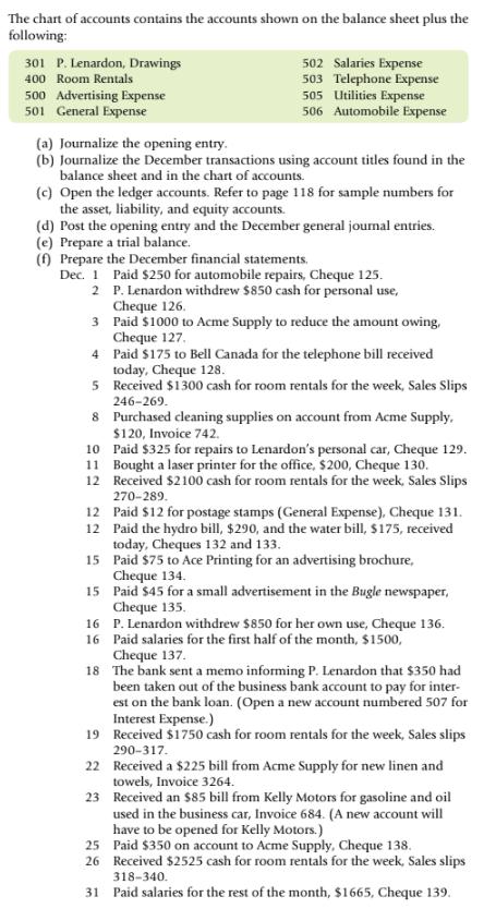 The chart of accounts contains the accounts shown on the balance sheet plus the following: 301 P. Lenardon, Drawings 502 Sala