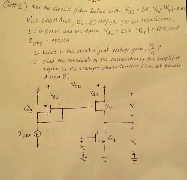 K.P : 65 ALA/v2? For all transistors ?REF : 100uA L. bhat is the small Signal veltage ain v 2 Find the coordnale cy the extramities of thu ampligier region of?he transfer charact wics (ie. at Ptuts A and B) Gs GS 3 G2