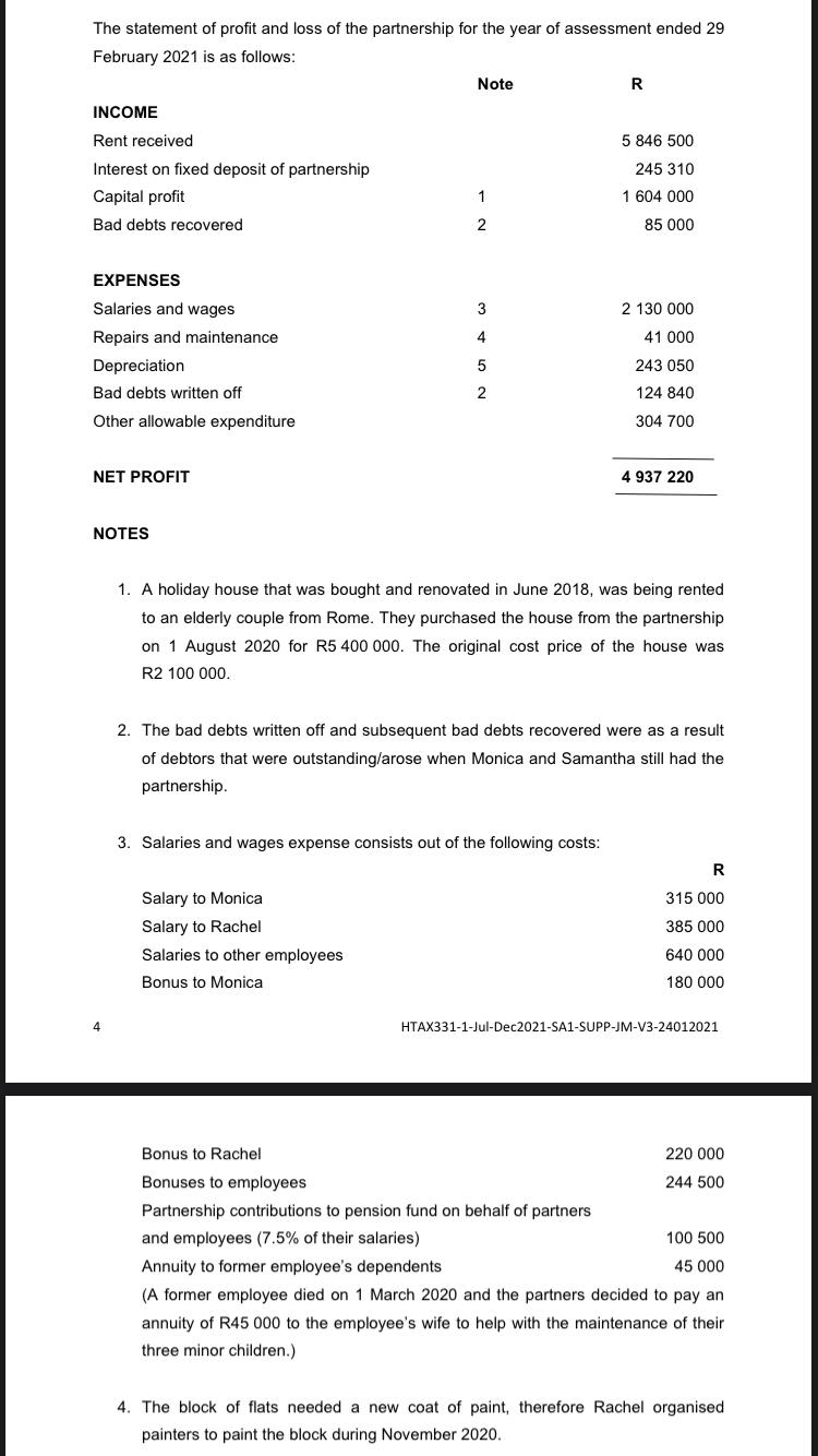 The statement of profit and loss of the partnership for the year of assessment ended 29 February 2021 is as follows: Note RI