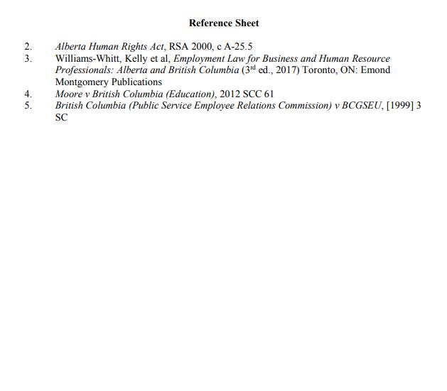 Reference Sheet 2. Alberta Human Rights Act, RSA 2000, c A-25.5 3. Williams-Whitt, Kelly et al, Employment Law for Business a