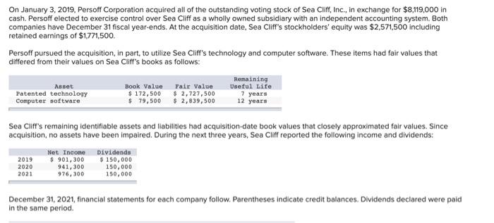 On January 3, 2019. Persoff Corporation acquired all of the outstanding voting stock of Sea Cliff, Inc., in exchange for $8,1
