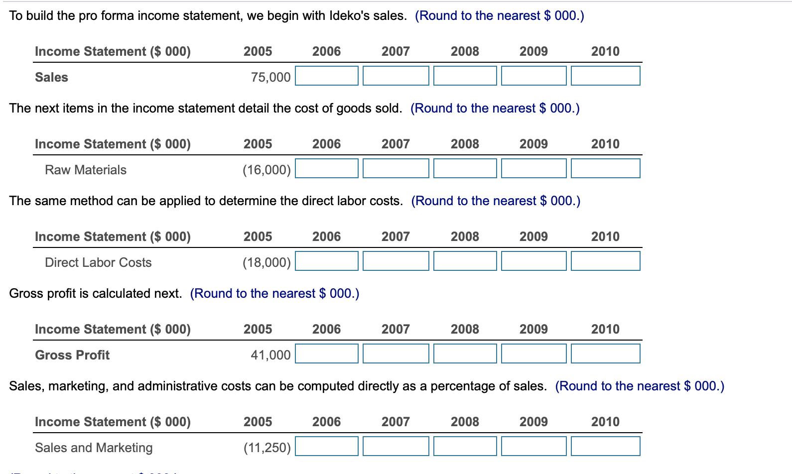 To build the pro forma income statement, we begin with Ideko's sales. (Round to the nearest $ 000.) Income
