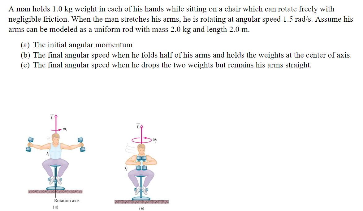 A man holds ( 1.0 mathrm{~kg} ) weight in each of his hands while sitting on a chair which can rotate freely with negligib