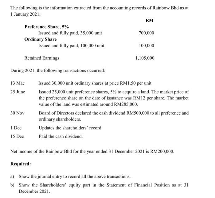 The following is the information extracted from the accounting records of Rainbow Bhd as at 1 January 2021: RM Preference Sha