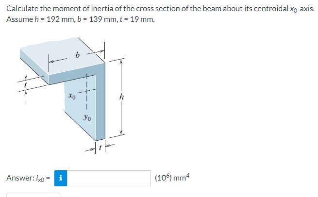 Calculate the moment of inertia of the cross section of the beam about its centroidal xo-axis. Assume h = 192 mm, b = 139 mm,