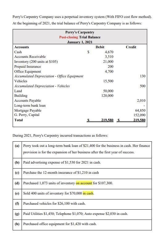 Perrys Carpentry Company uses a perpetual inventory system (With FIFO cost flow method). At the beginning of 2021, the trial