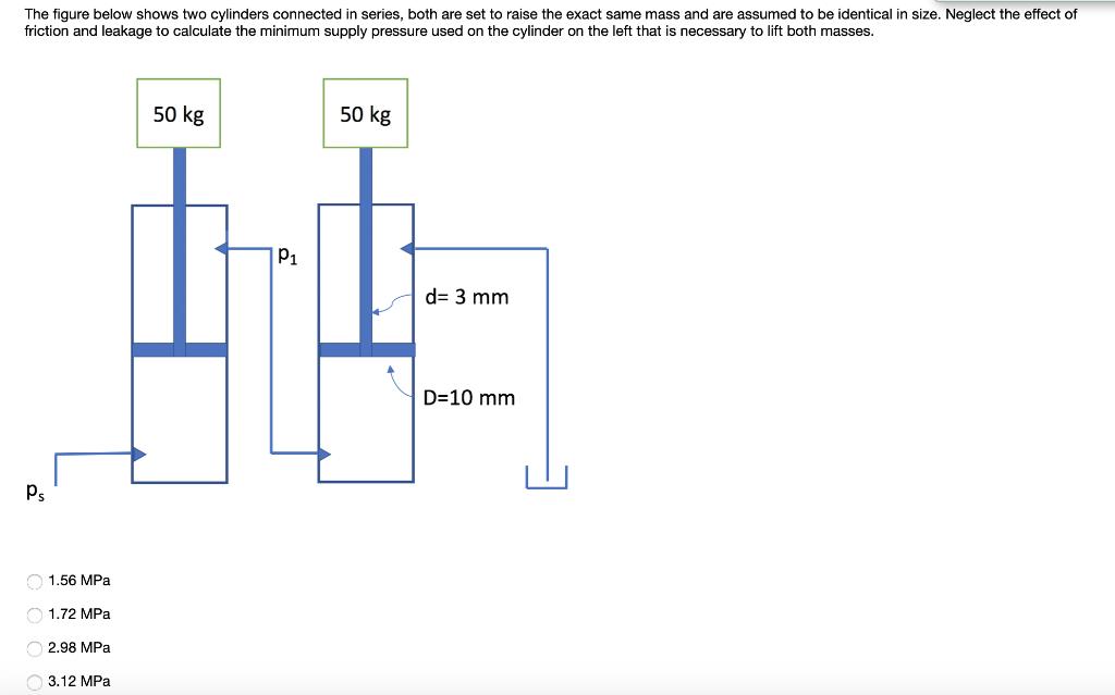 The figure below shows two cylinders connected in series, both are set to raise the exact same mass and are assumed to be ide