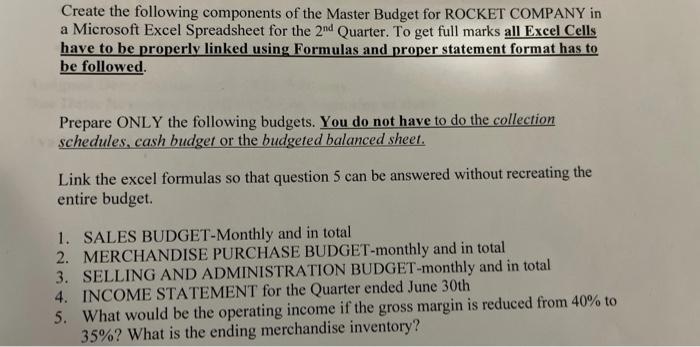 Create the following components of the Master Budget for ROCKET COMPANY in a Microsoft Excel Spreadsheet for the 2nd Quarter.