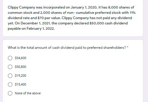 Clippy Company was incorporated on January 1, 2020, it has 8,000 shares of common stock and 2,000 shares of non-cumulative pr