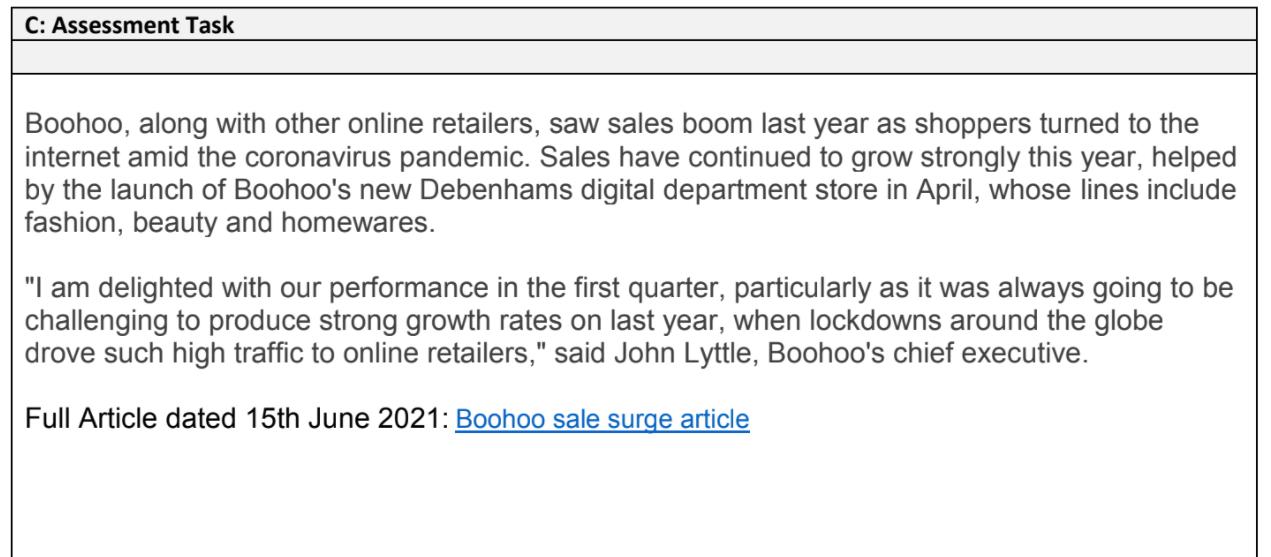 C: Assessment Task Boohoo, along with other online retailers, saw sales boom last year as shoppers turned to the internet ami
