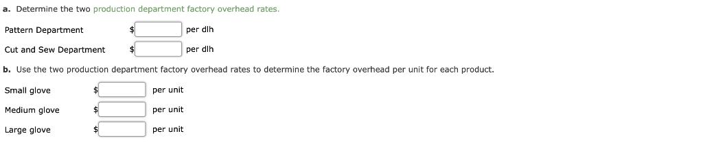 a. Determine the two production department factory overhead rates. per dlh Pattern Department per dlh Cut and Sew Department