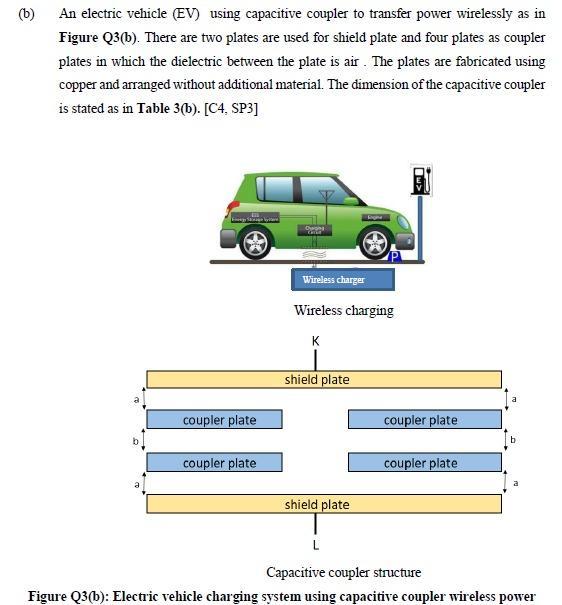 (b) An electric vehicle (EV) using capacitive coupler to transfer power wirelessly as in Figure Q3(b). There are two plates a