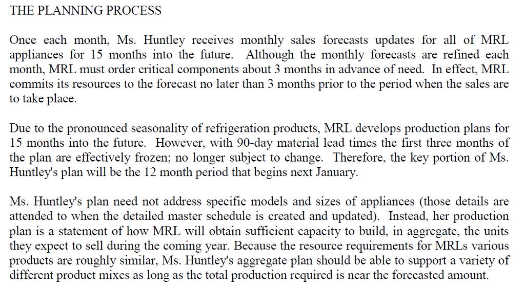 THE PLANNING PROCESS Once each month, Ms. Huntley receives monthly sales forecasts updates for all of MRL