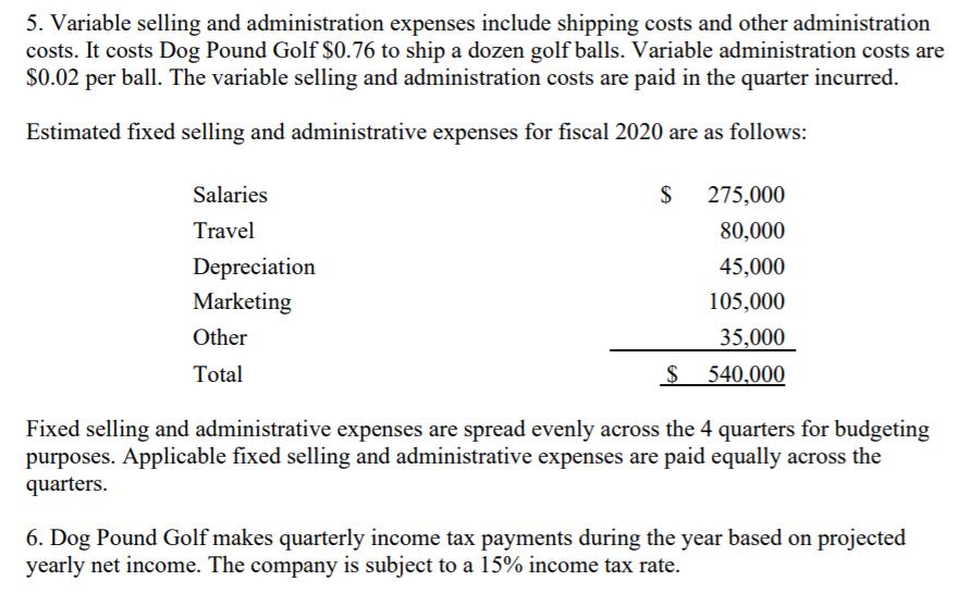 5. Variable selling and administration expenses include shipping costs and other administration costs. It costs Dog Pound Gol