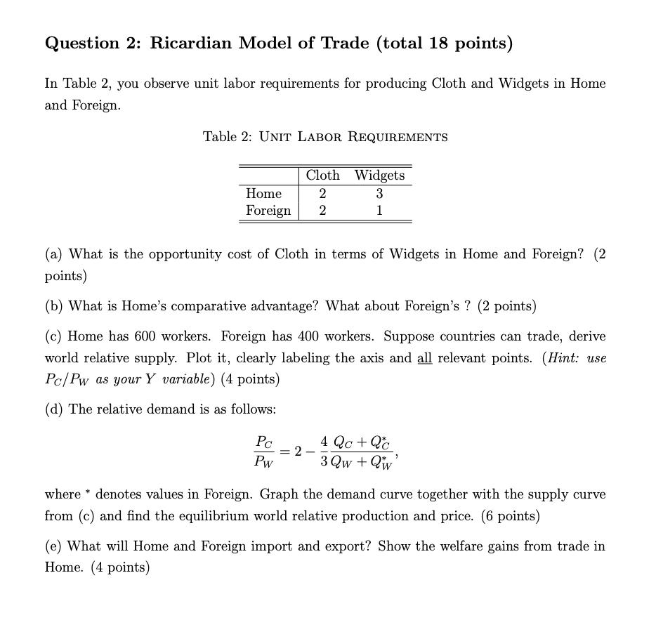 Question 2: Ricardian Model of Trade (total 18 points)In Table 2, you observe unit labor requirements for producing Cloth an