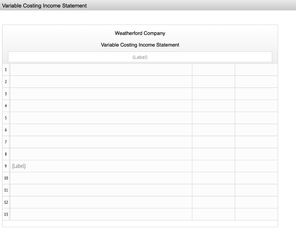 Variable Costing Income Statement Weatherford Company Variable Costing Income Statement (Label) 12 34 56 78 9 (Label) 10
