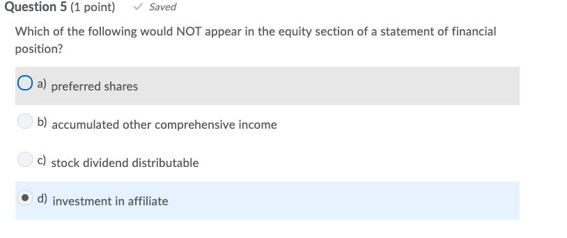 Question 5 (1 point)SavedWhich of the following would NOT appear in the equity section of a statement of financialposition