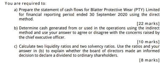 You are required to: a) Prepare the statement of cash flows for Blatter Protective Wear (PTY) Limited for financial reporting