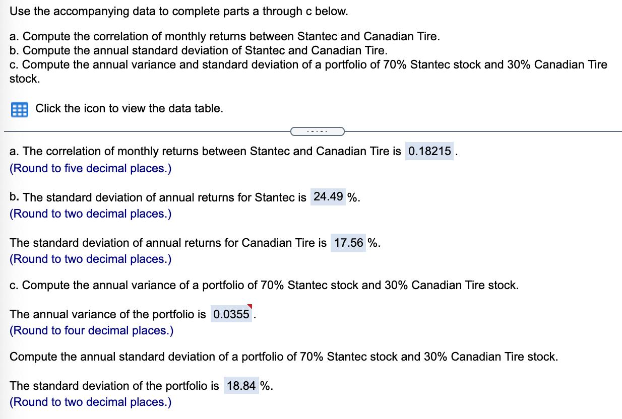 Use the accompanying data to complete parts a through c below.a. Compute the correlation of monthly returns between Stantec