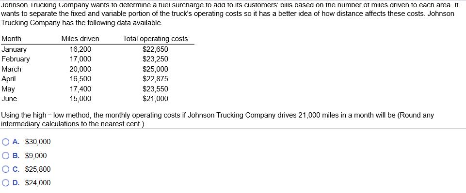 Johnson Trucking Company wants to determine a fuel surcharge to add to its customers bills based on the number of miles driv