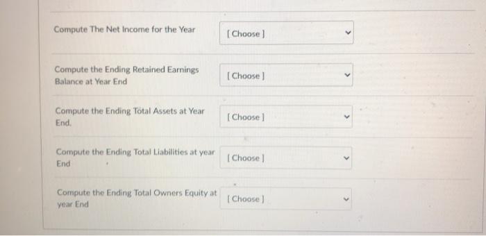 Compute The Net Income for the Year[Choose)Compute the Ending Retained EarningsBalance at Year End[Choose)Compute the En