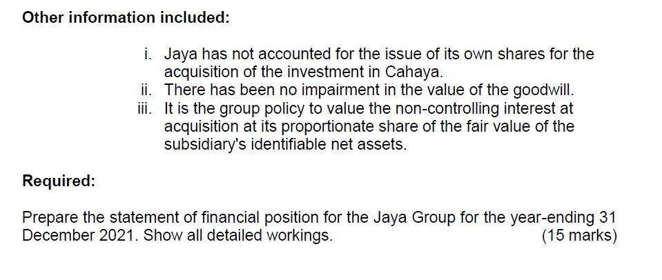 Other information included: i. Jaya has not accounted for the issue of its own shares for the acquisition of the investment i