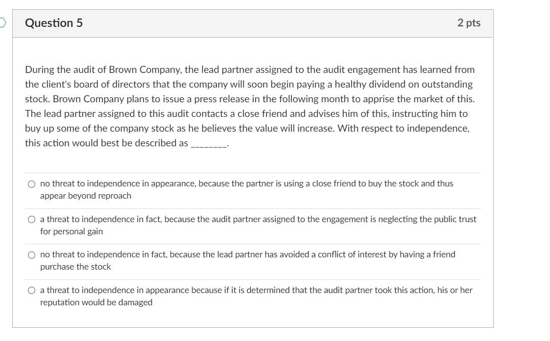 During the audit of Brown Company, the lead partner assigned to the audit engagement has learned from the clients board of d