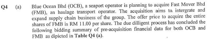 Q4 (a) Blue Ocean Bhd (OCB), a seaport operator is planning to acquire Fast Mover Bhd (FMB), an haulage transport operator. T