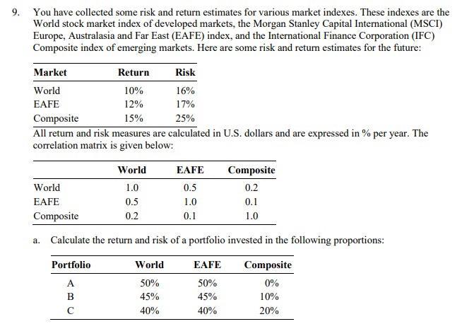 9. You have collected some risk and return estimates for various market indexes. These indexes are the World stock market ind