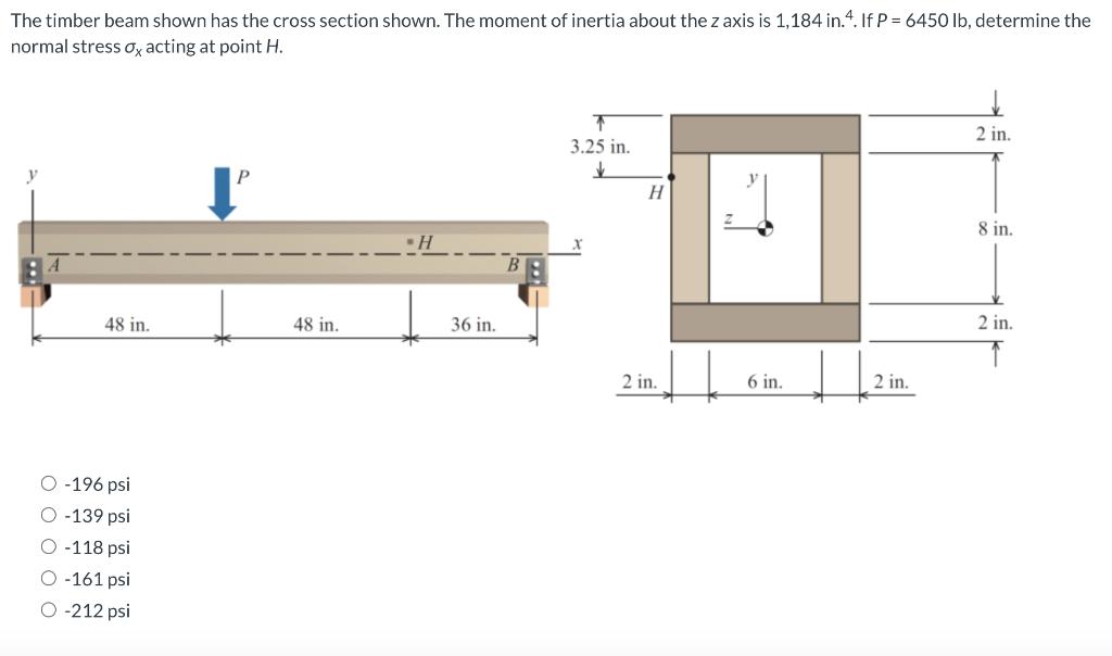 The timber beam shown has the cross section shown. The moment of inertia about the z axis is 1,184 in.4. If P = 6450 lb, dete