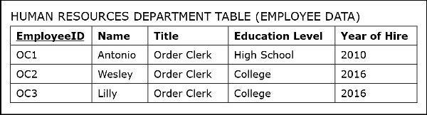 HUMAN RESOURCES DEPARTMENT TABLE (EMPLOYEE DATA) EmployeeID Name Title Education Level Year of Hire OC1 Antonio Order Clerk H