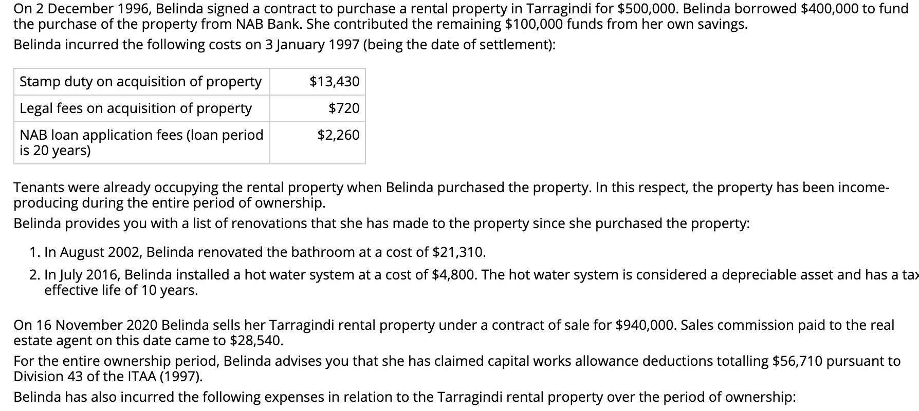 On 2 December 1996 , Belinda signed a contract to purchase a rental property in Tarragindi for ( $ 500,000 ). Belinda borr