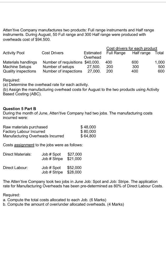 Attentive Company manufactures two products: Full range instruments and Half range instruments. During August, 50 Full range