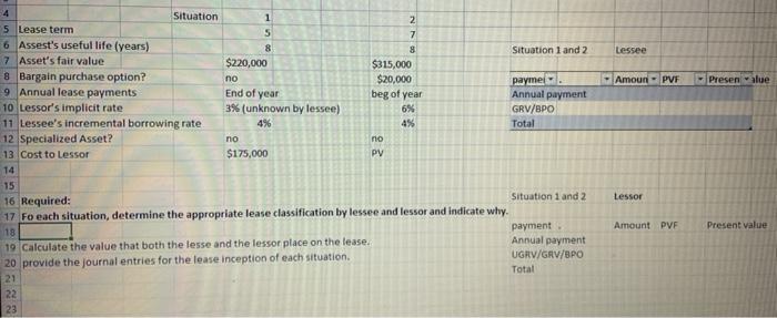 Lessee Amoun - PVF Presen alue 4Situation 12 5 Lease term 57 6 Assests useful life (years) 88 Situation 1 and 2 7 Asset