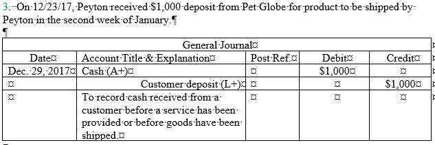 3.--On-12/23/17, Peyton received-$1.000 deposit-from-Pet-Globe for product to be shipped byPeyton in the second week of Janu