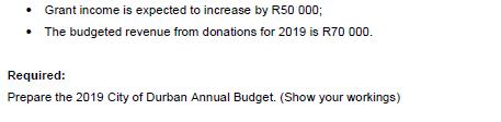 - Grant income is expected to increase by R50 000; - The budgeted revenue from donations for 2019 is R70 ( 000 . ) Required