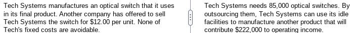 begin{tabular}{l|l} Tech Systems manufactures an optical switch that it uses & Tech Systems needs 85,000 optical switches.
