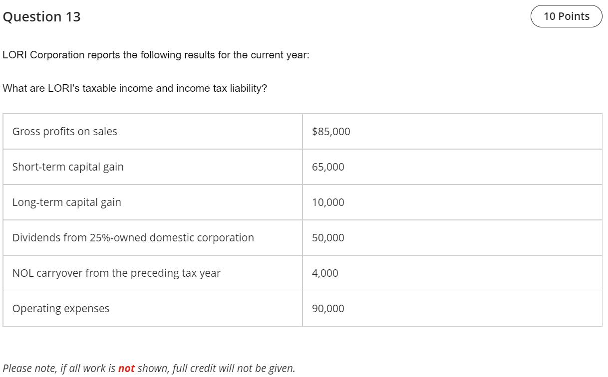 LORI Corporation reports the following results for the current year: What are LORIs taxable income and income tax liability?