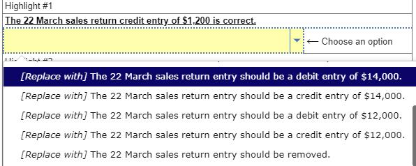 [Replace with] The 22 March sales return entry should be a debit entry of ( $ 14,000 ). [Replace with] The 22 March sales