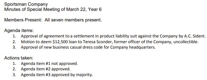 Sportsman Company Minutes of Special Meeting of March 22, Year 6 Members Present: All seven members present. Agenda items: 1.