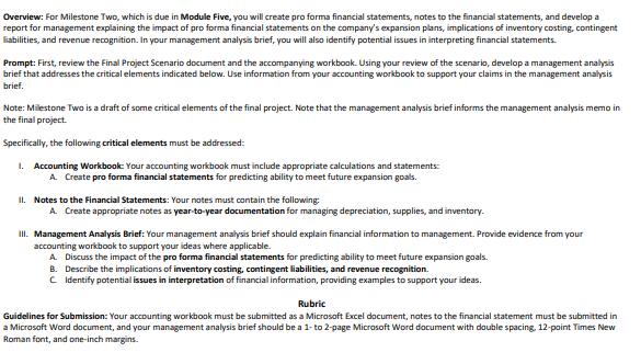 Overview: For Milestone Two, which is due in Module Five, you will create pro forma financial statements, notes to the financ