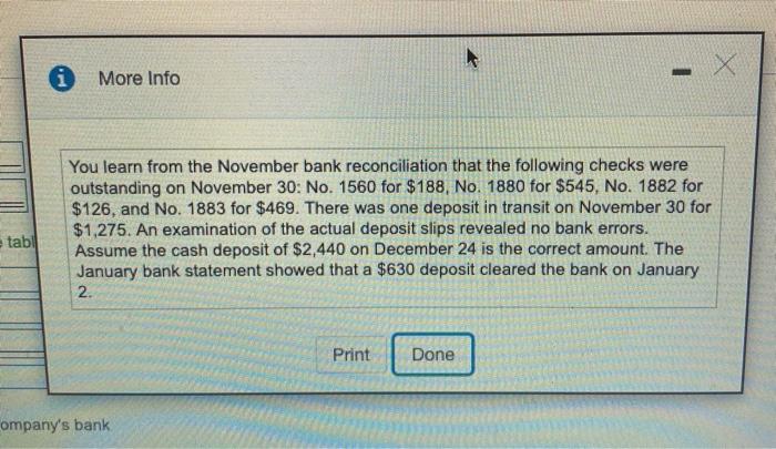 More Info You learn from the November bank reconciliation that the following checks were outstanding on November 30: No. 1560